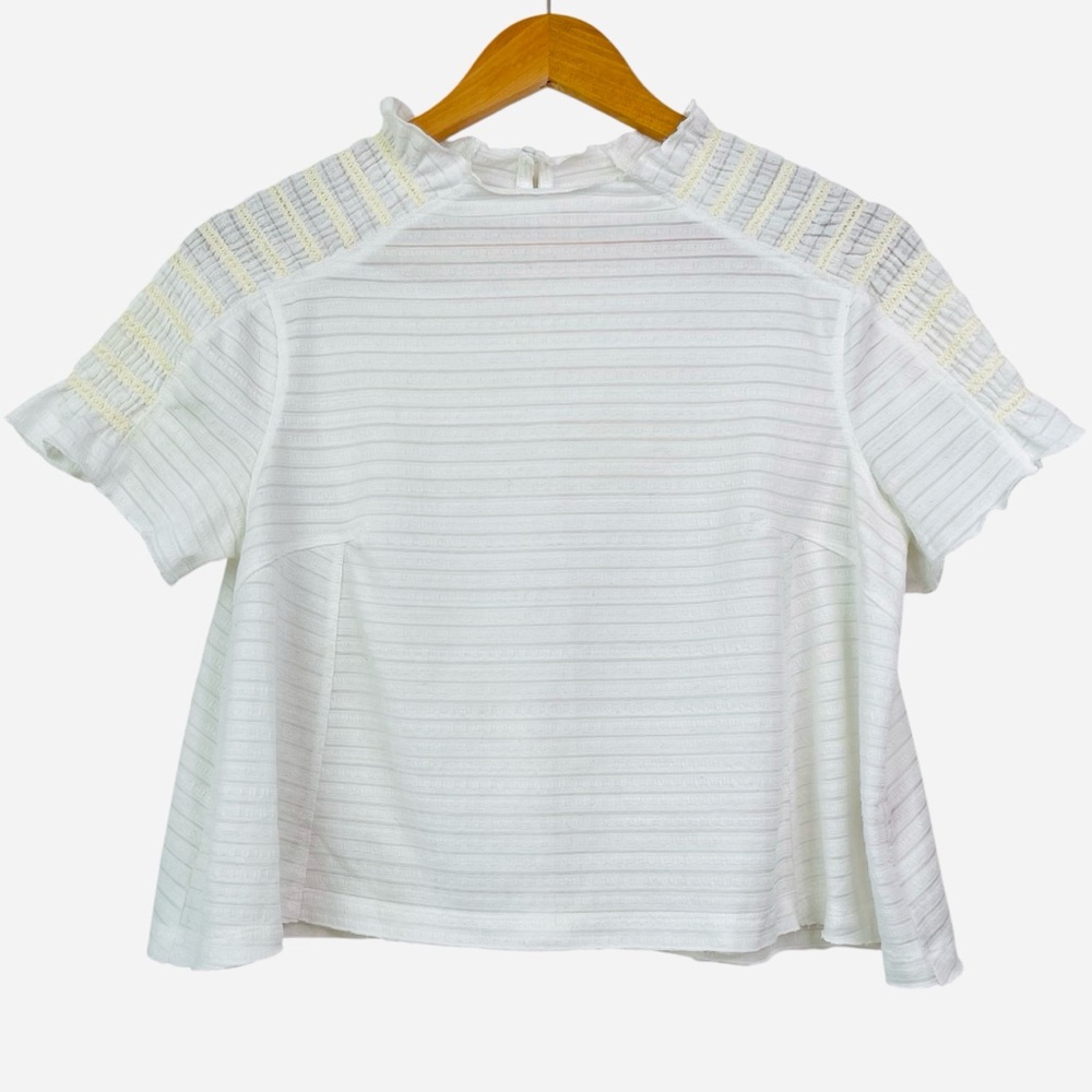 Free People Ivory Cream High Ruffle Neck Short Ruched Sleeve Feminine Blouse Top